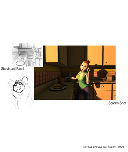 Pg2|2007|BluePencil and Paper + Maya and Shake|Storyboard and screen shot from Senior project Movin' In.