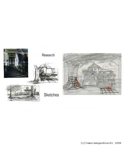 Pg3|2007|Pencil and Paper|2D layout research consisting of on site photos and sketches.
