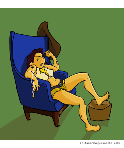 TeiTei being laaaazy|2008|BluePencil and Paper, then cleaned and colored Photoshop + Cintiq|My reoccuring fabu character doing what she does best.